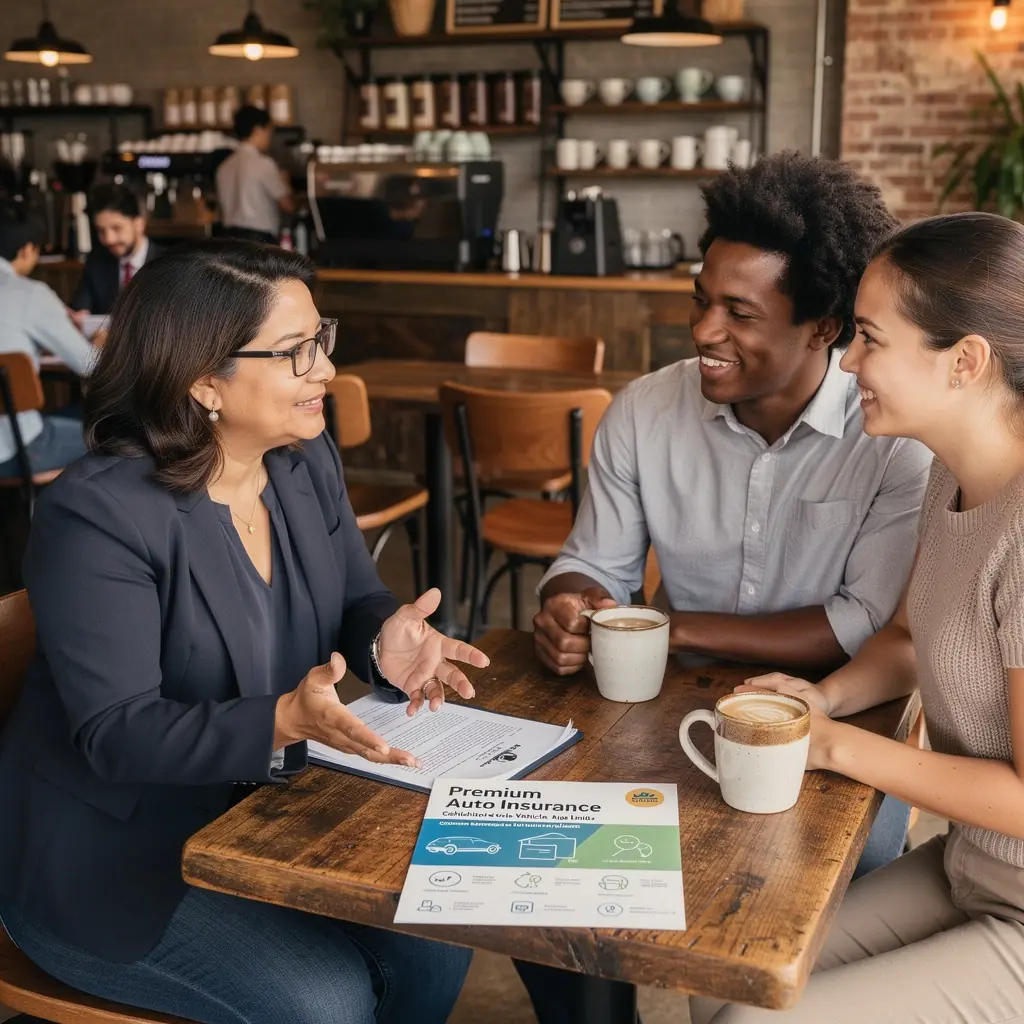 Kobieta rozmawiająca z agentem ubezpieczeniowym przy komputerze, omawiająca szczegóły polisy.